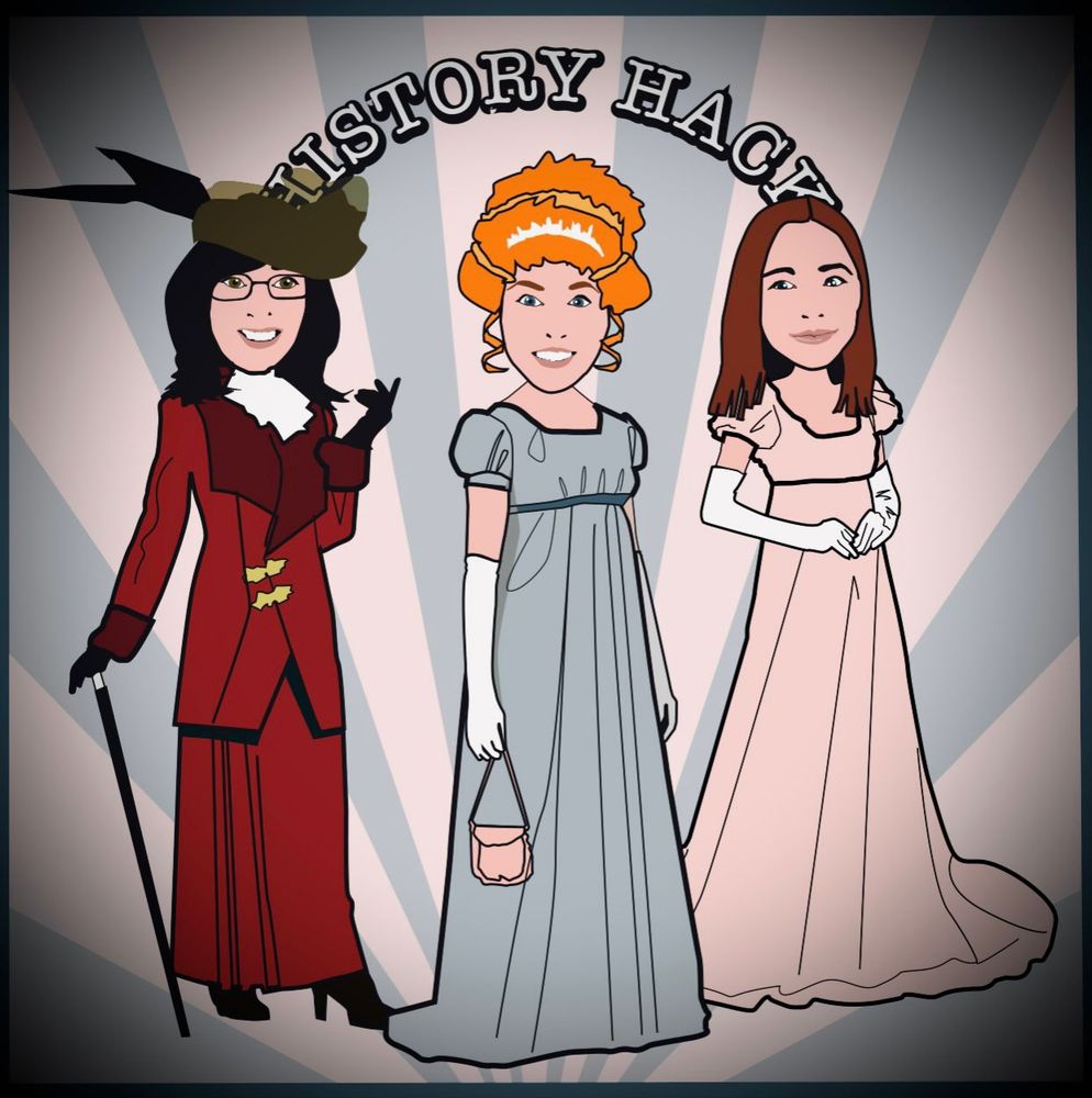 Podcast artwork guests and host in Regency dress