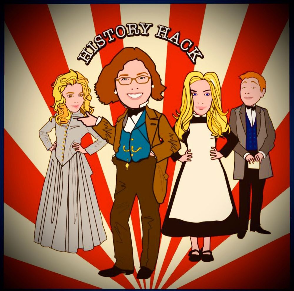 Podcast episode cartoon. Red and white background in stripes, host and guests in assortment of outfits