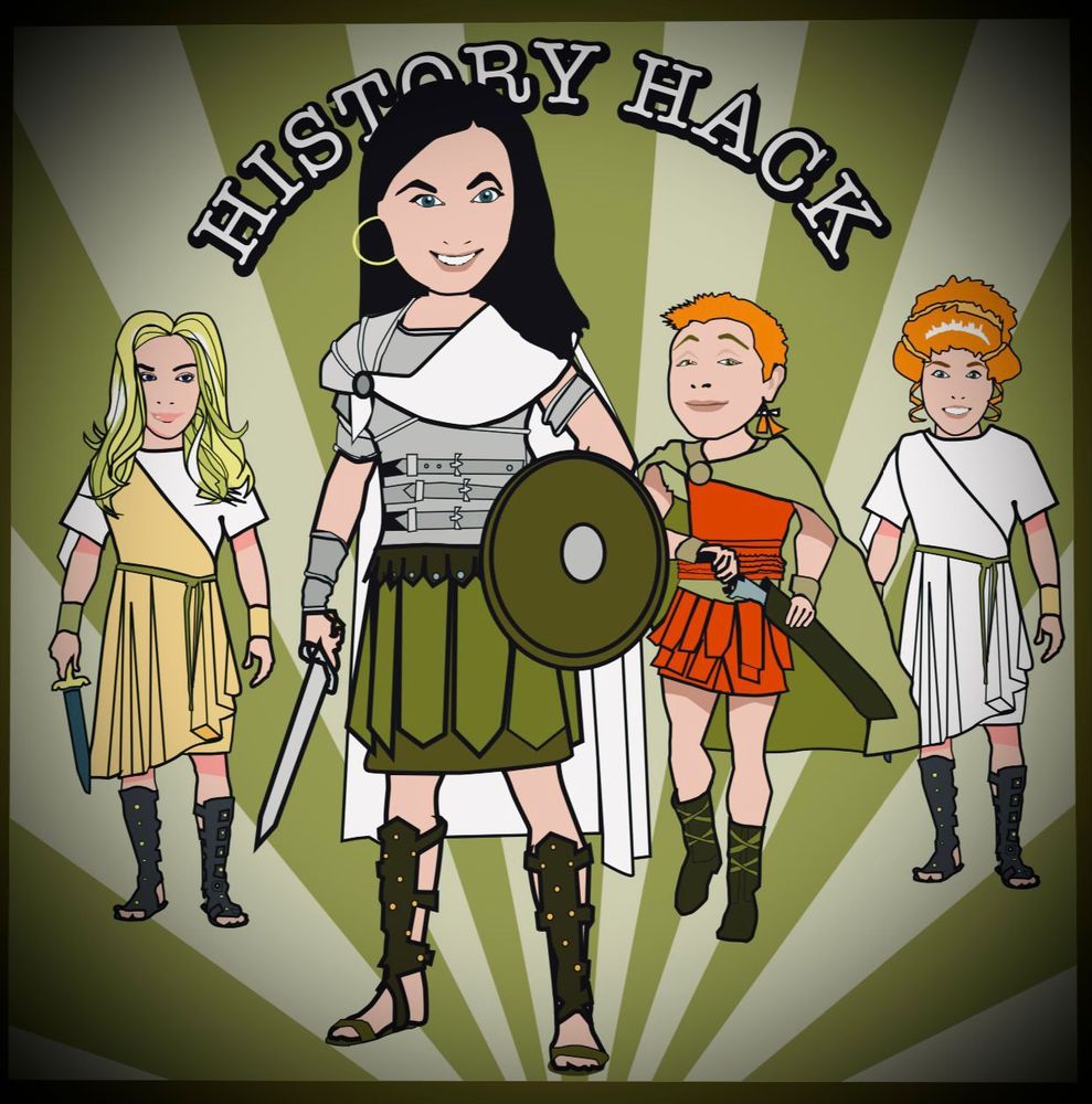 Podcast cartoon, guest and team in Roman dress
