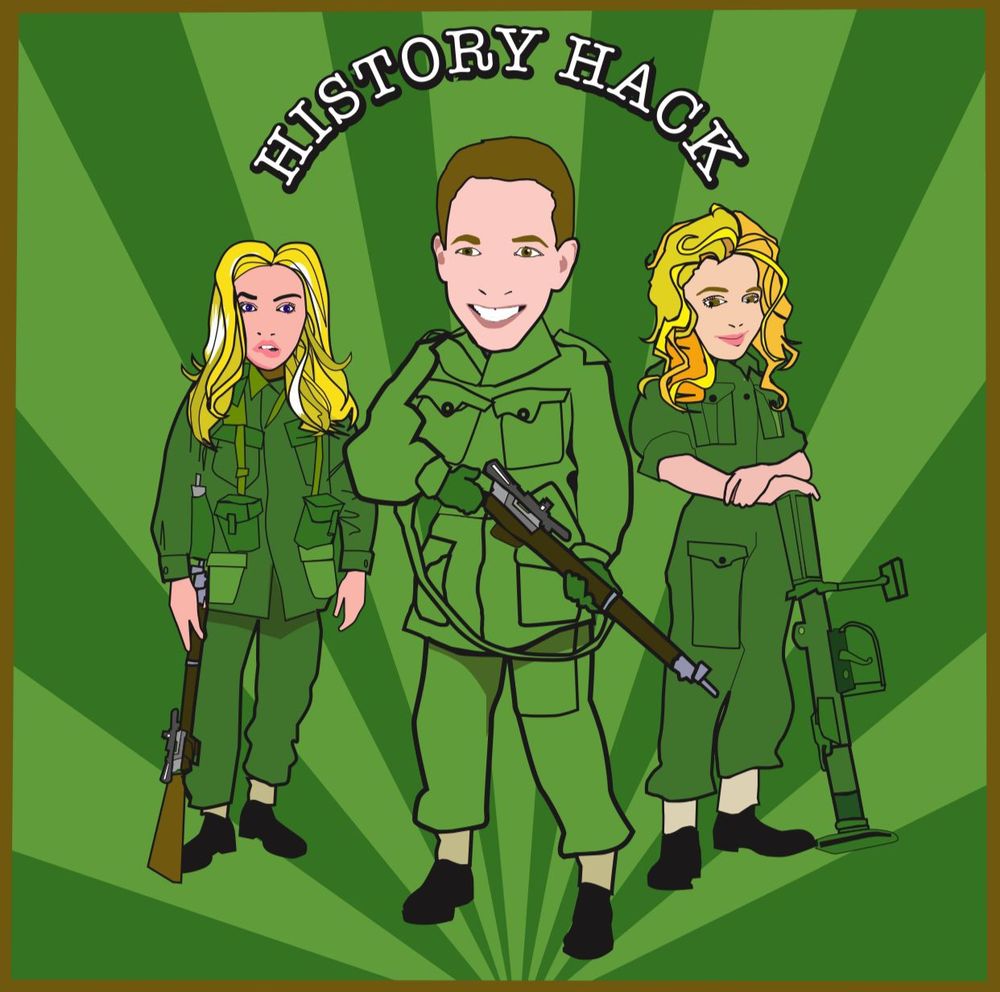 Podcast artwork. Green background, guest and hosts in military uniform to match the episode topic.