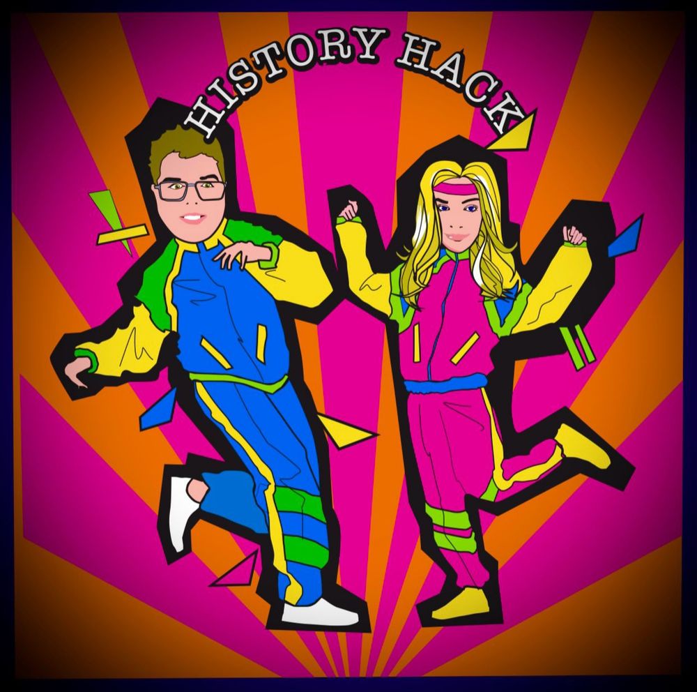 Podcast cartoon of host and guest, in neon shellsuits to reflect the topic being the 1990s
