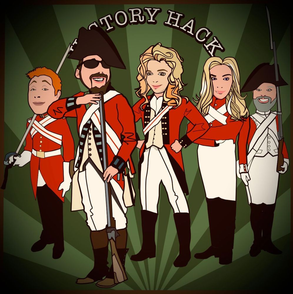 Podcast episode cartoon of guest and hosts in red and white military uniform
