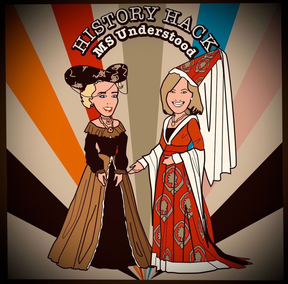 Podcast cartoon, guest and host in noble medieval dress