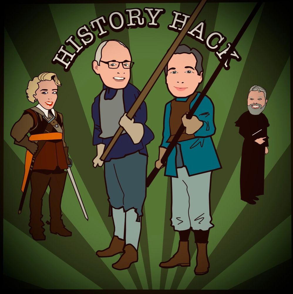 Podcast cartoon of guests and team on green background.
