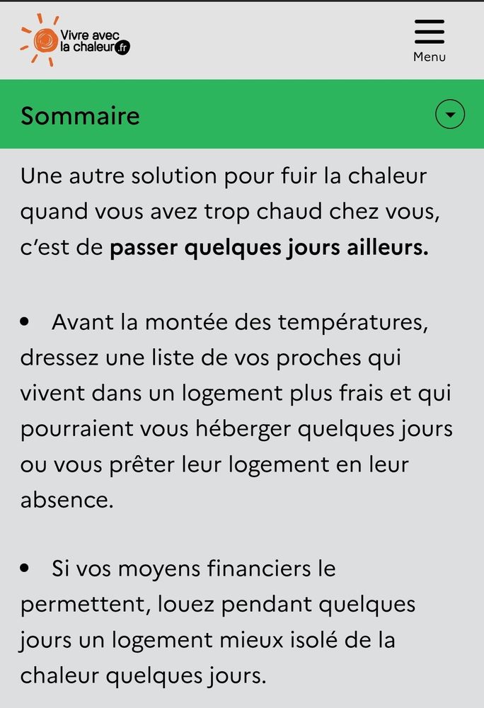 Copie d'écran du site vivre avec la chaleur recommandant de louer un logement mieux isolé. 