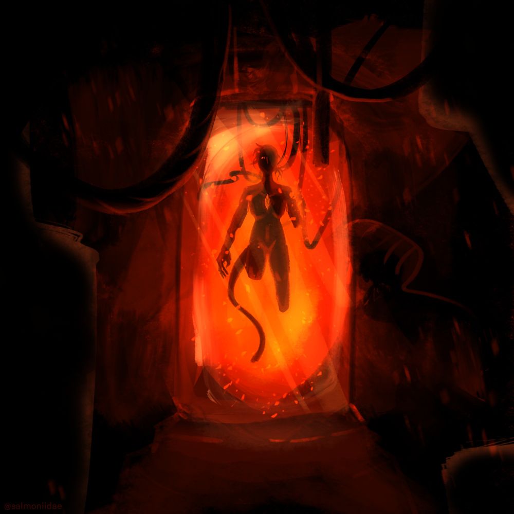 A drawing that uses only warm reds and oranges and black. It depicts a shadowy figure floating in a glowing red tube. They are missing an arm at the shoulder, a leg at the knee, and the other leg below the knee. They have a tail that has been partially cut off. A crystal is planted in their chest. Wires and tubes are coming out of the figure. The remaining environment looks to be a rundown laboratory
