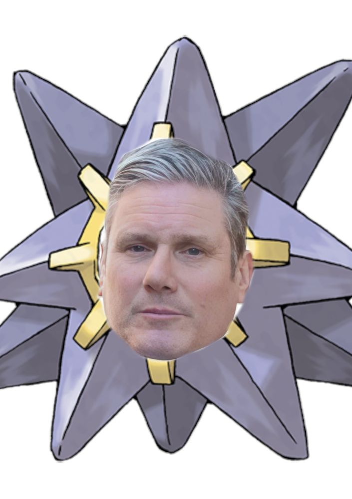 A pokemon, Starmie, with Kier Starmers' face pasted in the middle. A Kier Starmie if you will. 