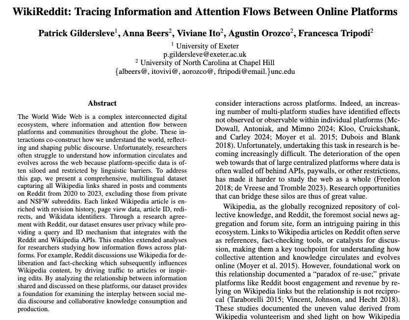 A screenshot of the start of the paper "WikiReddit: Tracing Information and Attention Flows Between Online Platforms"