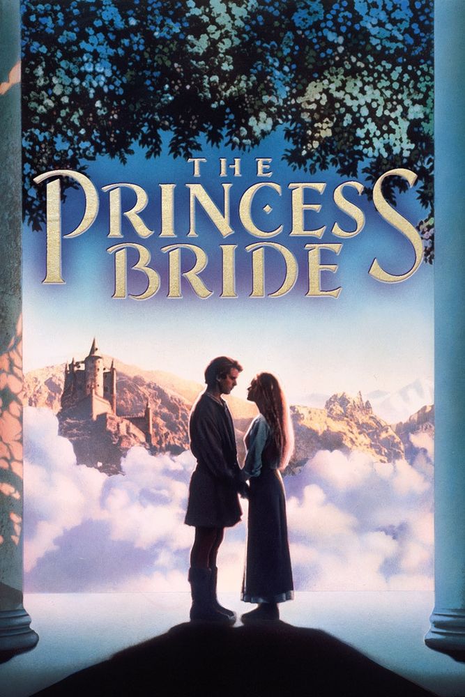 The princess bride poster, a man and woman stand facing each other between marble pillars with a cloud and a castle behind them.