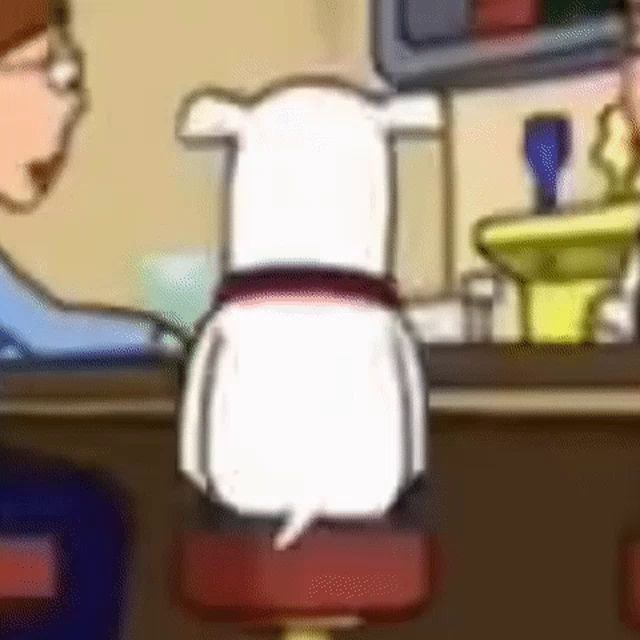 a cartoon dog is sitting on a bar stool while a man talks to it .