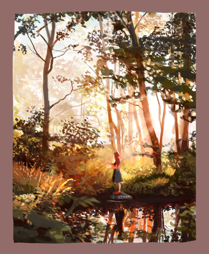 a girl standing on a stone on a body of water in a wooded area, light is filtering through high branches.