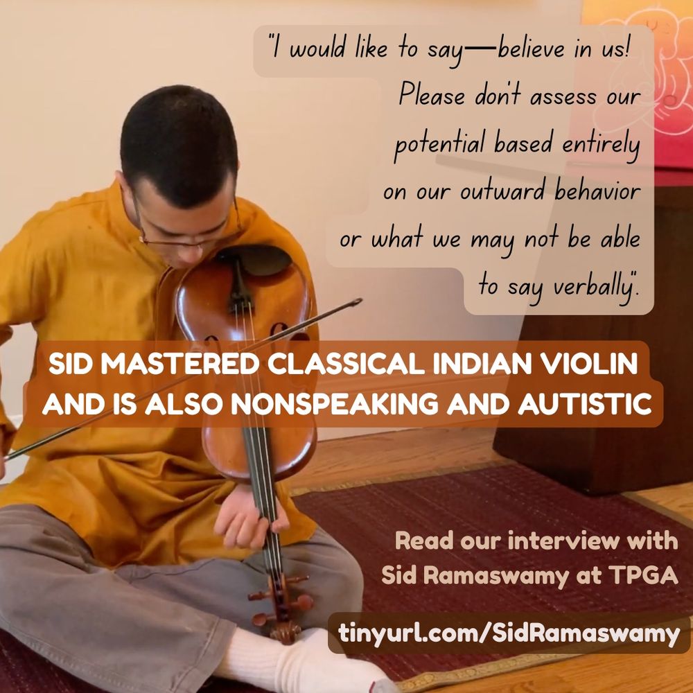 Sid Ramaswamy, a young Indian man with short black hair, sits on a mat and plays violin. Overlaid text reads, 
