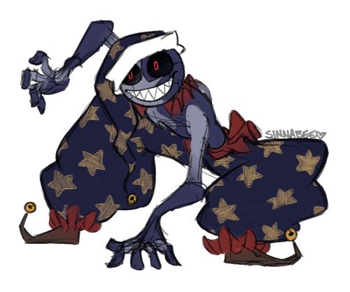 A messy drawing of Moon, in a crouched pose. One hand is on the ground with the fingers splayed in front of him, in between his legs, while the other is held up menacingly. He is looking off to the side.