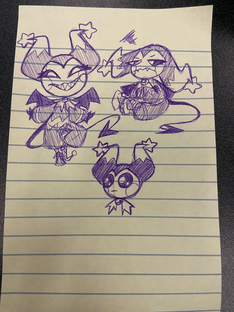 Three pen drawings of the same character (imp) on sticky pad paper. Imp is a small, jester-inspired creature with tiny bat wings, a devil tail, and a horn-like jester hat with stars on the end. He has zig zag patterns on his torso and hat.

In the top left he’s posing happily with his arms out, and one leg bent. On the top right he’s sitting, hat drooping, and looking irritated. The bottom sketch has the autism creature face.