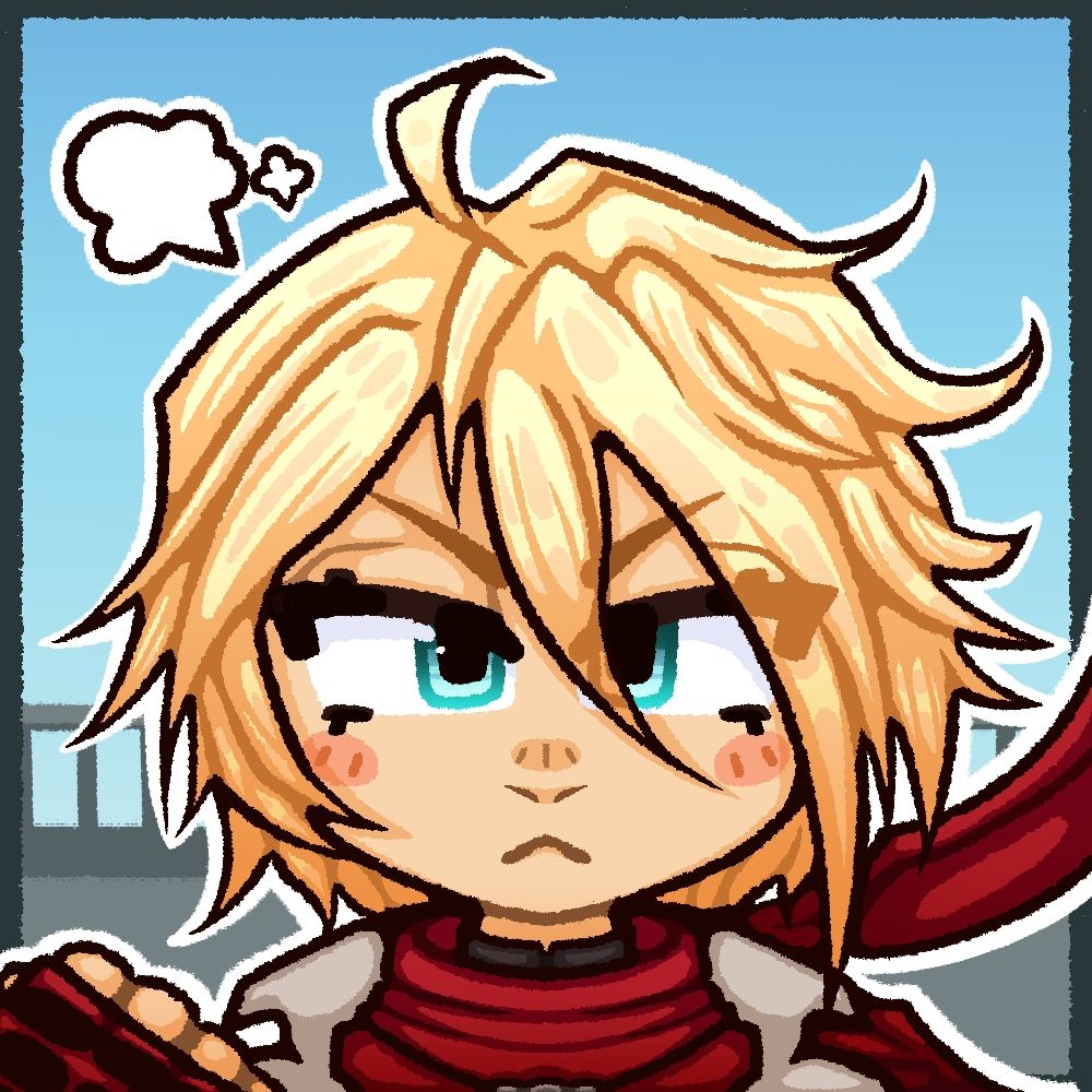 A profile picture of Leo from Tekken, seen from the shoulders up. They are an androgynous blonde haired person with pale skin and blue-green eyes; their hair is elaborate and chin length, loosely spiked outwards, with the longest side of the fringe swept to the viewership right. Their eyes are squinting slightly, their eyebrows pushed down in concentration, and with a small V shaped frowning mouth. They are wearing a beige coat, a large red scarf that billows behind them, a necklace, and only slightly visible is a black collar to a shirt. They have one hand raised in a clenched fist - they're wearing a red fingerless glove with black knuckle pads on it. Behind them is a loosely drawn abstract of a stone balcony overlooking a blue sky. In the top left corner there are two stylised, anime inspired "exhaling" icons, implying they're breathing out sharply.