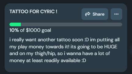 TATTOO FOR CYRIC!

10% of $1000 goal completed

i really want another tattoo soon :D im putting all my play money towards it! its going to be HUGE and on my thigh/hip, so i wanna have a lot of money at least readily available :D