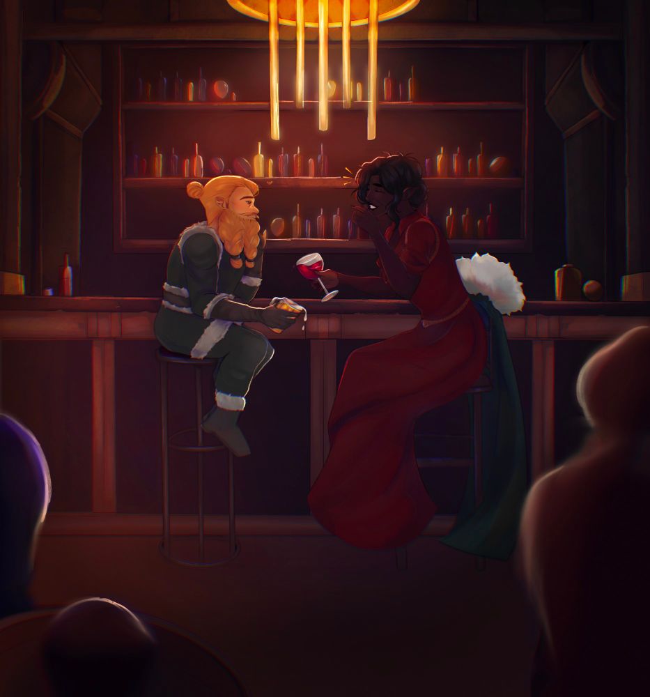 a dwarven man and a drow woman drinking together in a tavern. she's laughing and he's looking at her longingly.