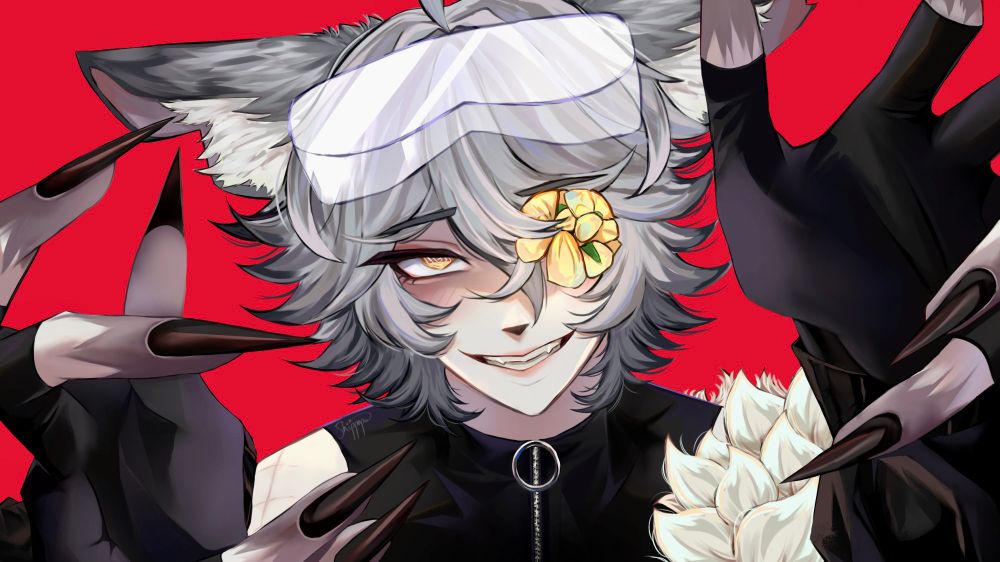 art by shippape of character cyric smiling creepily and reaching for the viewer. 