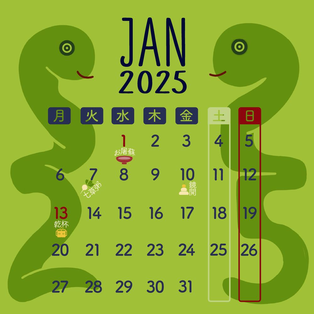 January 2025 calendar showing Japanese holidays and customs. 
