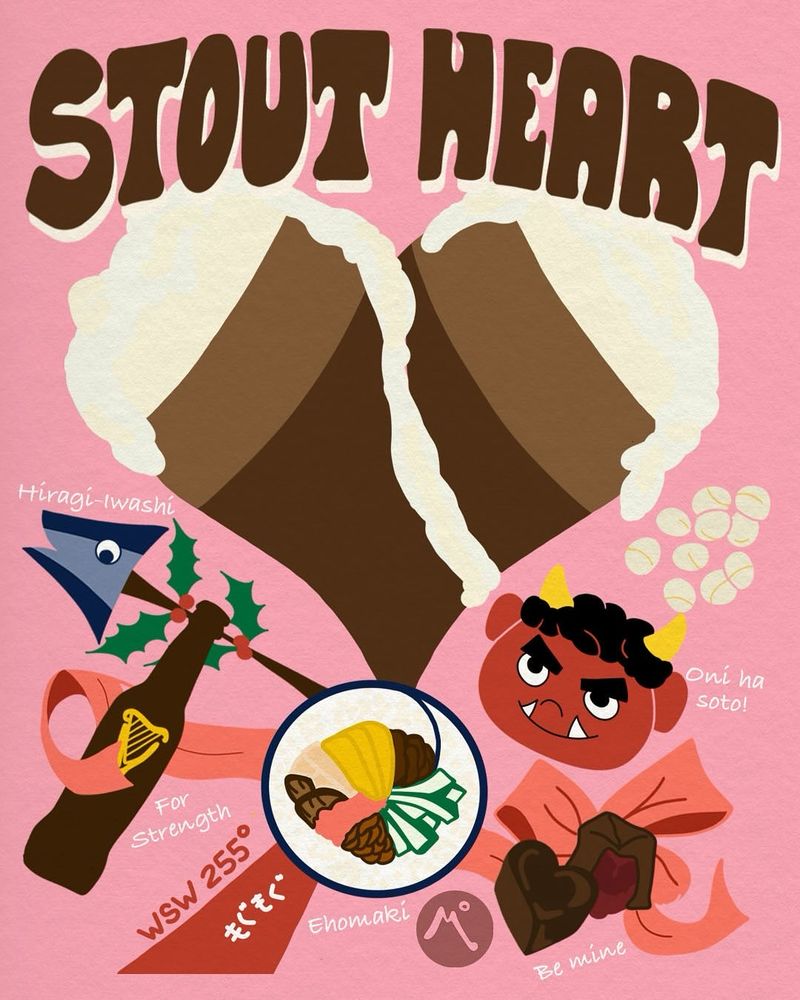 Illustration of stout glasses in the shape of a heart and Japanese objects related to February customs of Setsubun, International Stout Month, and Valentine’s Day.
