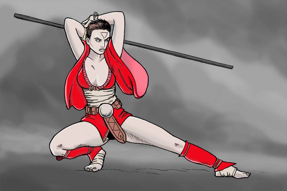 Illerya the Monk makes a cool pose with a staff.