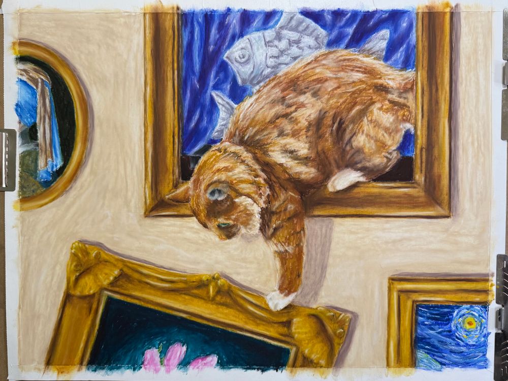 Painting of an orange cat coming to life and crawling out of a gilt frame, stepping on the frame below him and sending it askew. 