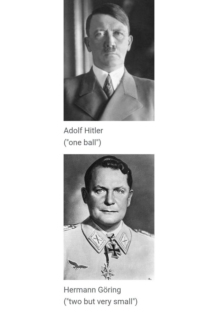 Picture of two Nazis, top, Hitler captioned "one ball" bottom Göring captioned "two but very small"