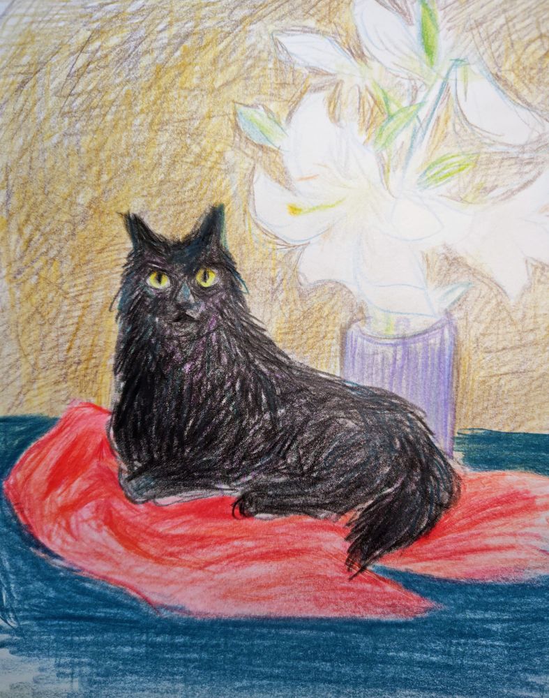 黒猫が赤い毛布の上に座って、後ろにカサブランカの花瓶がある絵