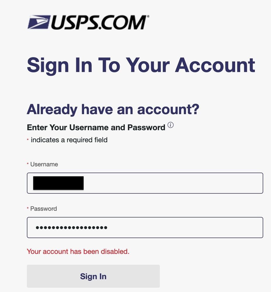 USPS login screen with error message in red saying “Your account has been disabled.”