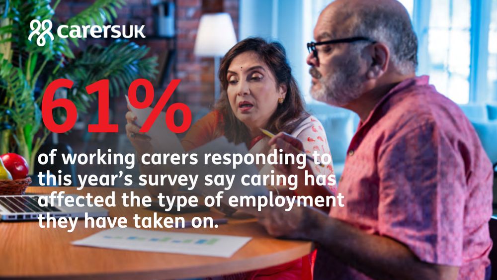 A man and woman sit at a table, discussing documents with focused expressions. Text overlaid reads: "61% of working carers responding to this year’s survey say caring has affected the type of employment they have taken on." The logo "CarersUK" is at the top left. The setting includes a plant, a laptop, and warm lighting from a lamp.