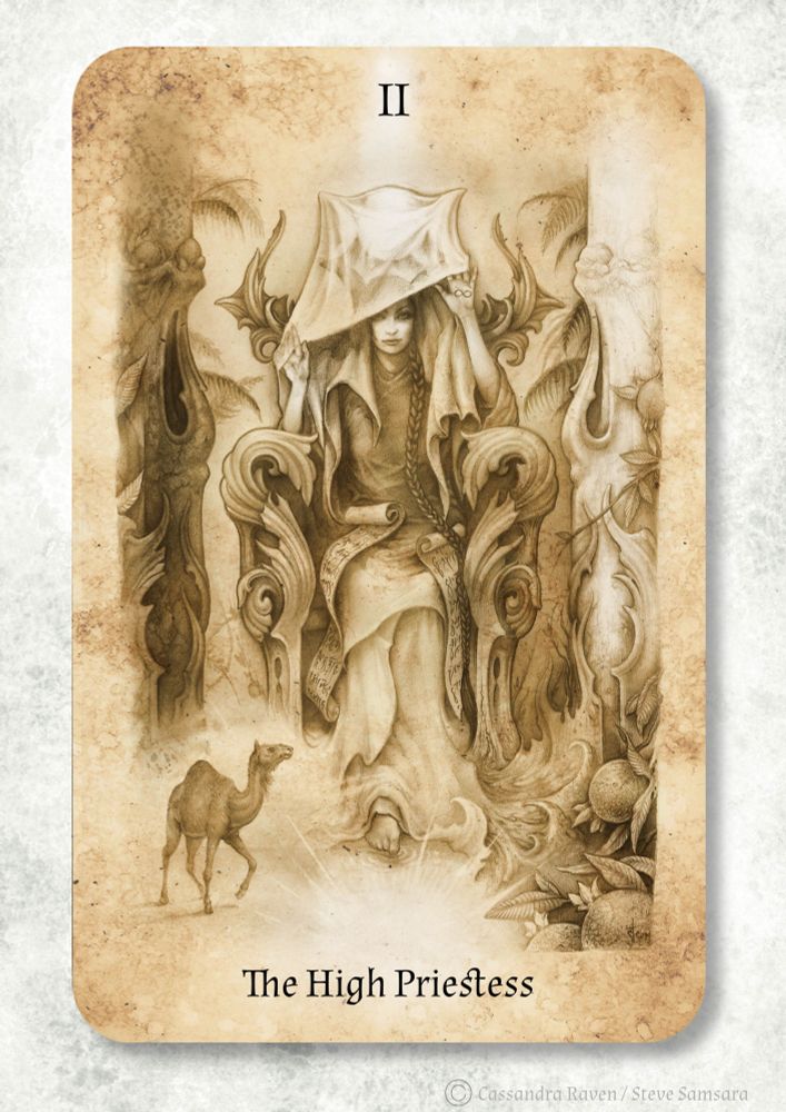 A tarot card depicting the High Priestess drawn by hand in pencil on a parchment style background. 