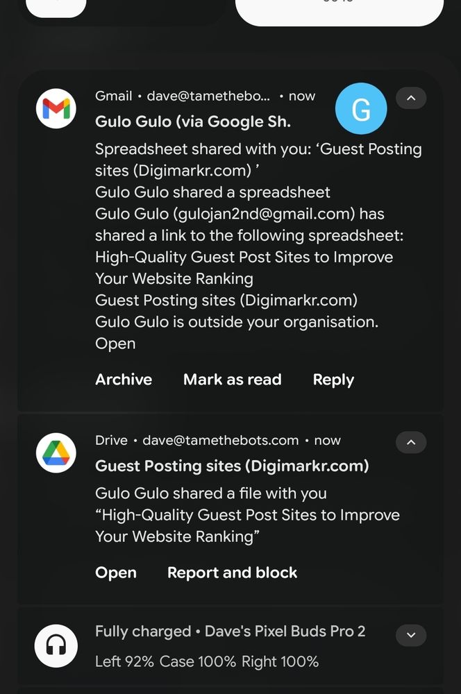 Screenshot of notifications on my phone from someone unsolicited sharing a Google sheets with link building 