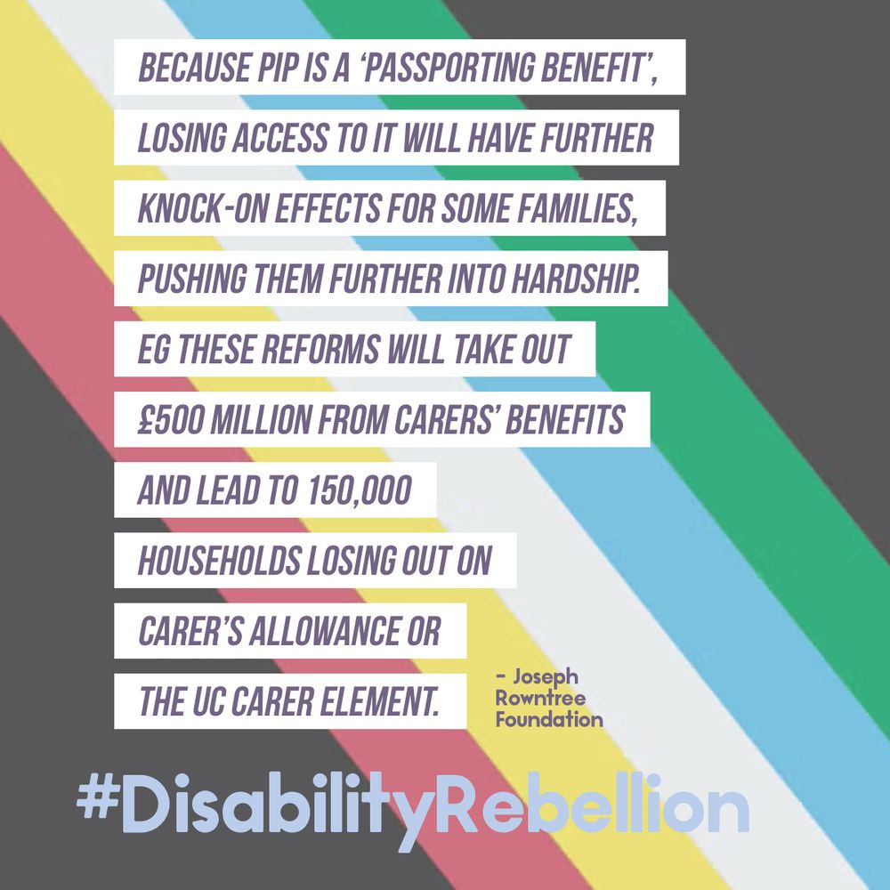 Text quote about PIP reforms and carers’ benefits overlaid on a background using the disabled pride flag colors, with the hashtag #DisabilityRebellion at the bottom.