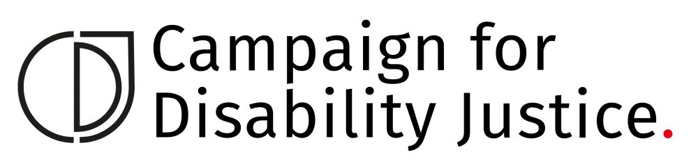 Logo for “Campaign for Disability Justice” featuring a stylized “CD” emblem on the left and the organisation name in bold black text to the right, ending with a small red dot.