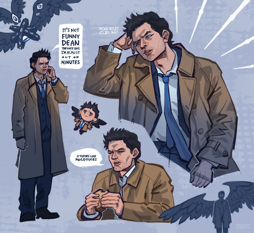 text in enochian says "blow him? like up?" referring to Dean's line "you know what? blow me, Cas"