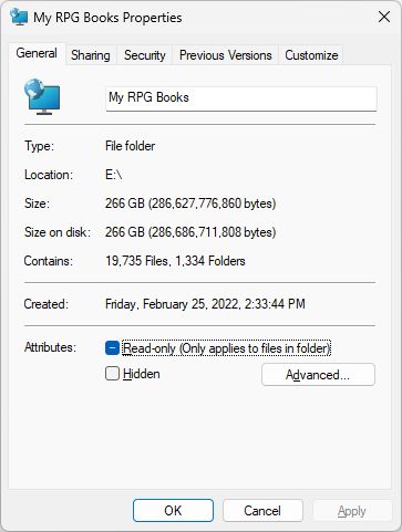 pic of properties of Rich's RPG folder where he stores PDF copies of RPGs he owns.