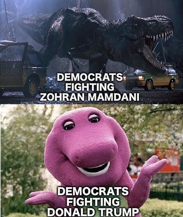 A meme. In the first frame there is a T-Rex from Jurassic Park pictured with the words "DEMOCRATS FIGHTING ZOHRAN MAMDANI." In the second frame there is an image of Barney the Dinosaur shrugging along with text that reads "DEMOCRATS FIGHTING DONALD TRUMP."
