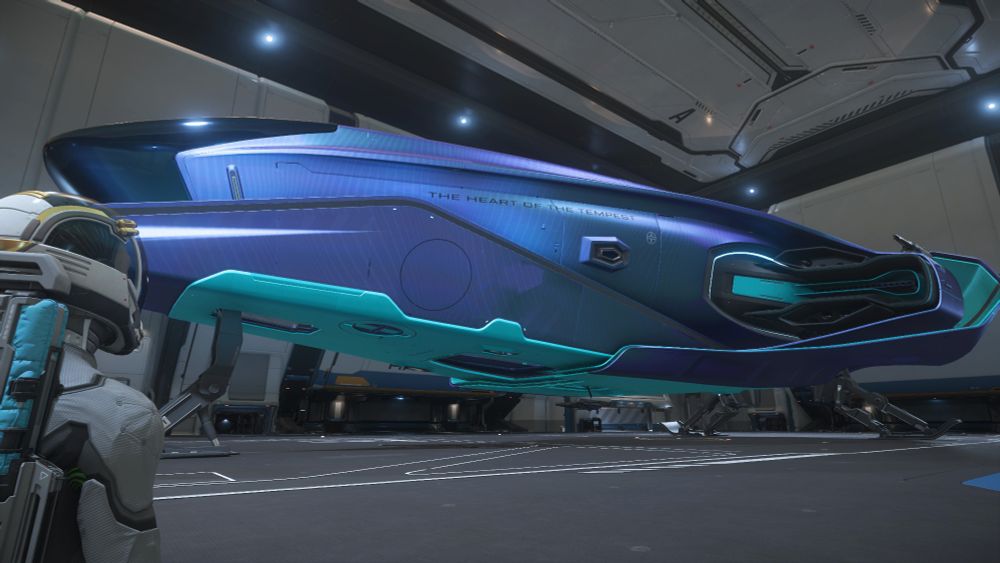 600i named The Heart of the Tempest in the purple and teal BIS paint with my character admiring the ship on the bottom left of the image