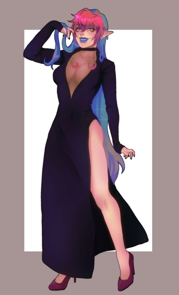 An illustration of a female character with long blue hair and pink bangs, blue lipstick, wearing a long slit black dress with lace mesh covering the chest, striking a confident and playful pose. She has pointy ears and is wearing high heels.
