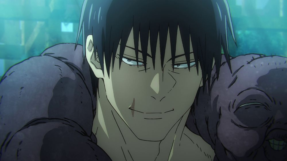 A close-up anime screenshot of Toji Fushiguro from Jujutsu Kaisen, smirking confidently and looking off to the left of the screen. This is the image the illustration is refrenced from.