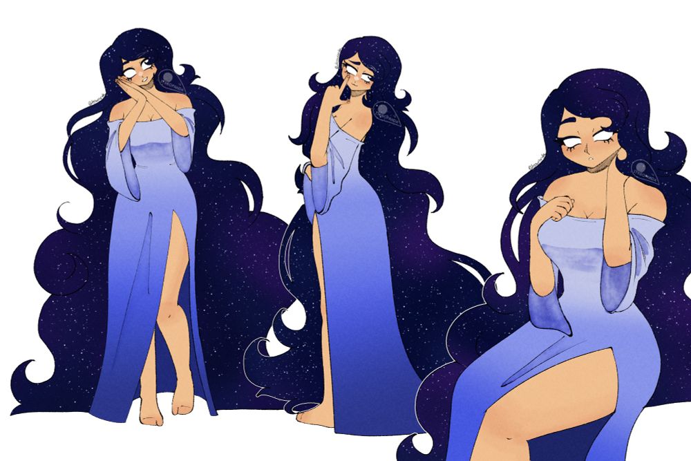 A tall girl in a form fitting high slit dress with space hair and white eyes in three different poses