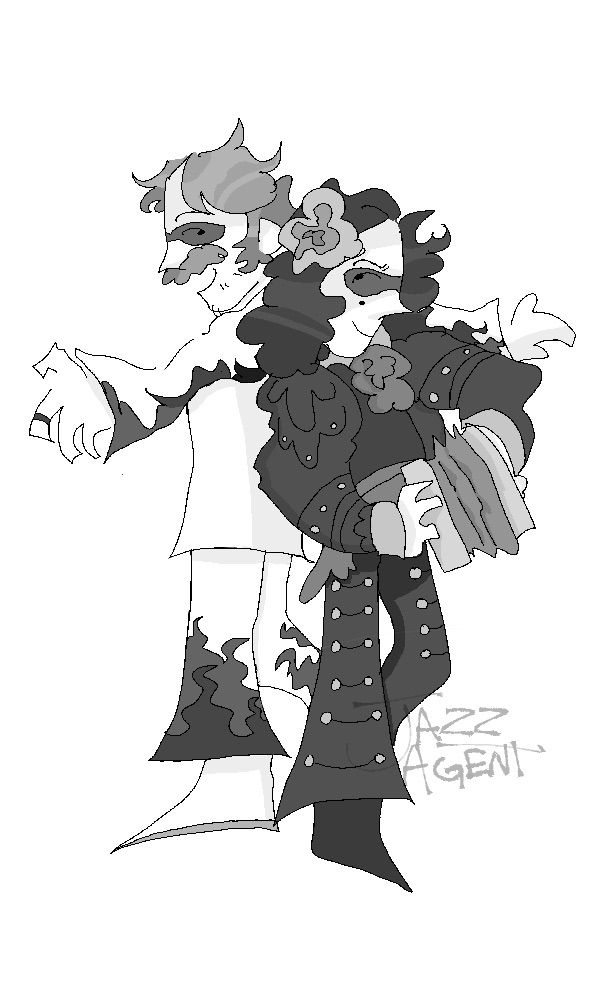 An experimental monochrome doodle of two of my KOL OCs. A Disco Bandit is standing behind the other with his back to her and arms outstretched; he has a smile on his face and is looking back at the OC behind him. In front of him is an Accordion Thief with the same sly expression; her mouth is closed and she is holding an accordion out in fromt of her.