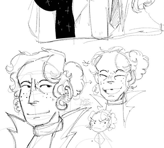 A bunch of messy doodles of Marjorie, my Shadows over Loathing OC. To the left, a bigger headshot of her smiling; an arrow next to that points to a smaller headshot where she has a bigger grin on her face. Below them is a stickfigure doodle of her, looking angry. 