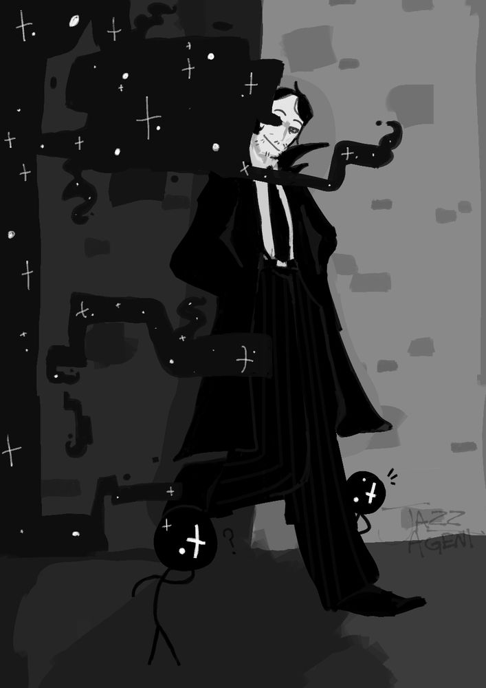 An experimental piece of my Shadow Over Loathing OC, Leon Hyde. He is walking out of a dark alleyway with his hands in his coat, staring down contentedly at two shadow minions who are running about his feet, seemingly playful. A fog of shadow covers one of his eyes and most of the alleyway. 