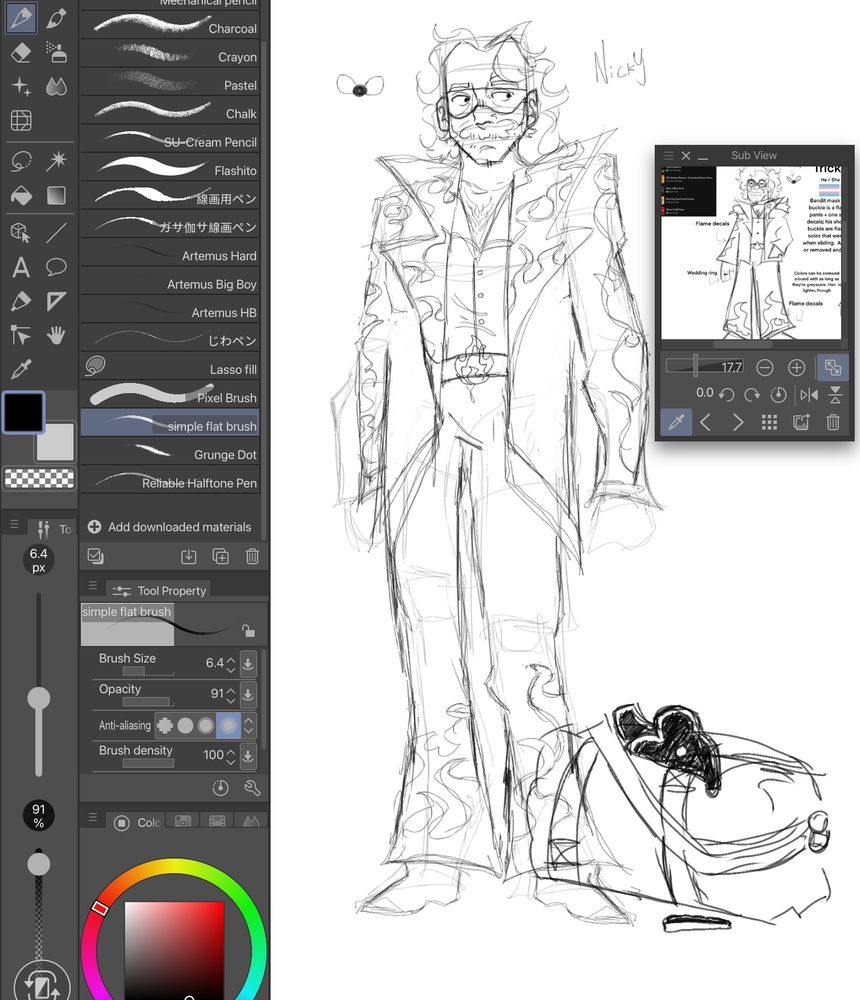 In-progress sketch for the fullbody on the reference sheet. This screenshot includes the CSP menu, including the Sub View window, where an earlier reference of Nicky appears. A duffel bag full of meat rests at his feet. 