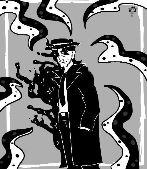 Shadows Over Loathing OC (Leon) standing against a grey background, with one hand in his pocket and looking straight forward. Half of his body has dissipated into shadow, and he is surrounded by tentacles in the style of the Loathing games.