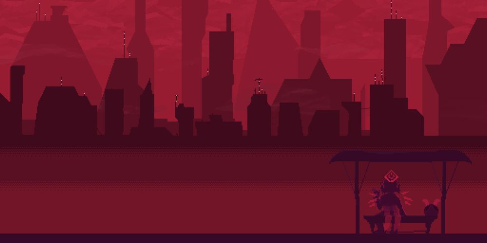  pixel art style background of cyberpunk-esque city in the distance, with a girl waiting by a bus stop and her mascot. dark red pallete