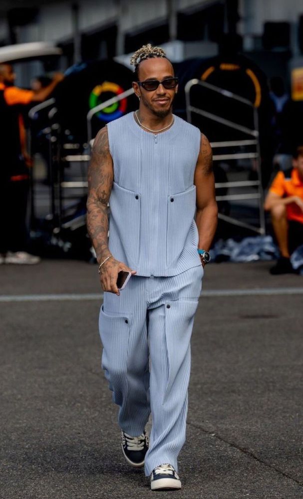 Lewis Hamilton wearing a pale blue matching set by designer Issey Miyake in September 2024 at the Japanes GP



menswear fashion style