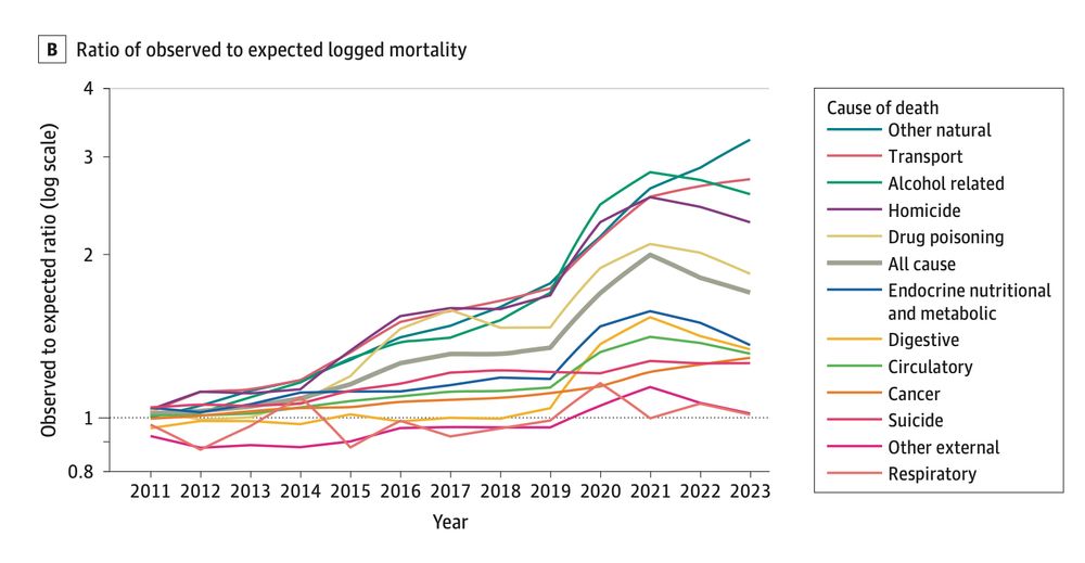 Line graph showing the relative (proportional) excess mortality of Americans aged 25-44, in 2011-2023, broken into causes of death. The graph shows big growth in "other natural causes," transport deaths (car collisions), alcohol-related deaths, and homicide.