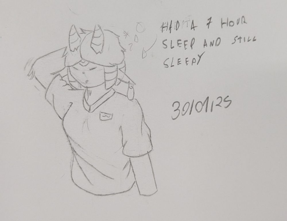 A drawing of my sona "Lee" (a female anthro goat based off a umbreon) feeling a bit sleepy. The text reads "Had a 7 hour sleep and still sleepy". 